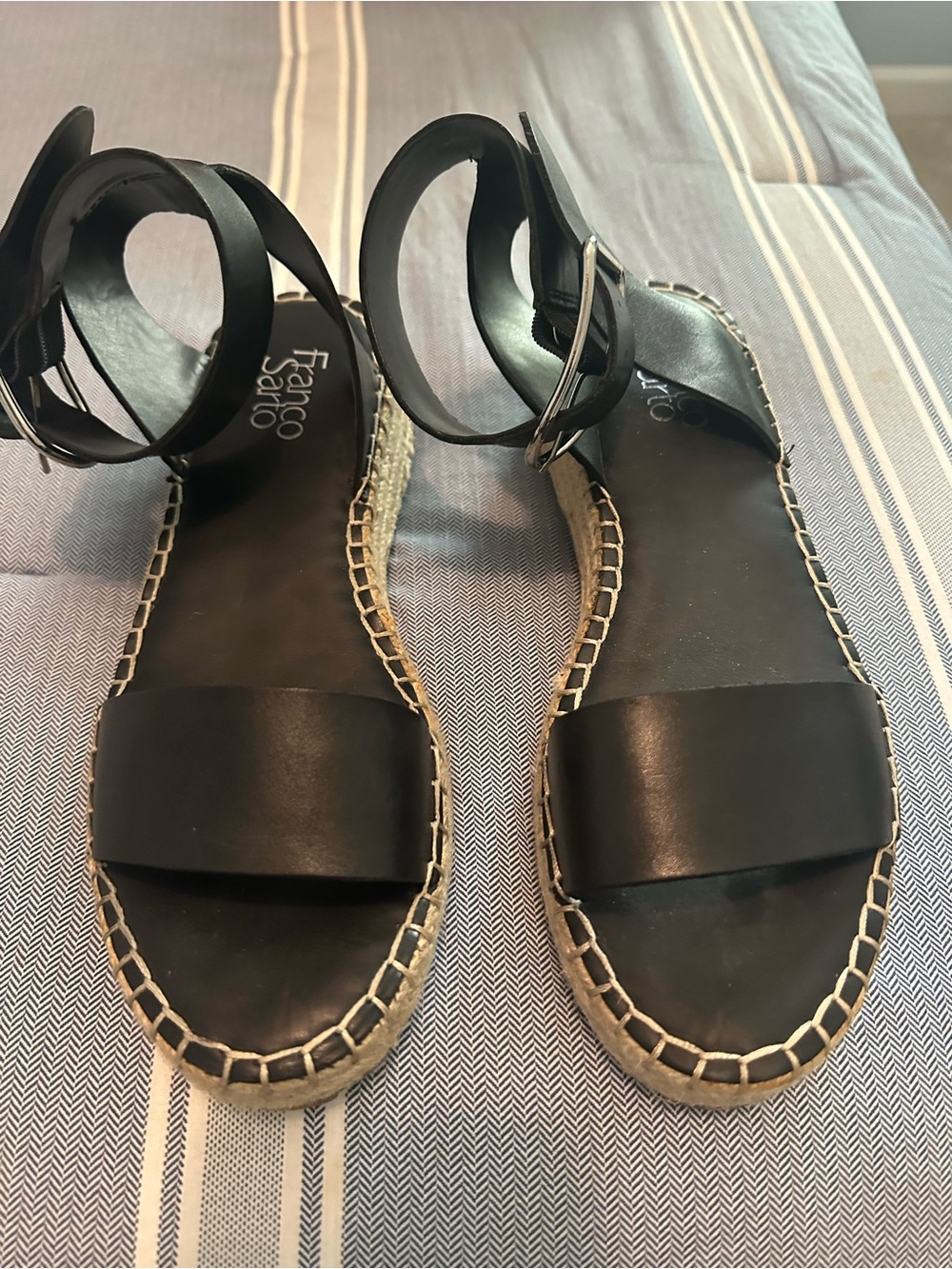 Franco Sarto Black Leather Ankle-Strap Espadrille Sandals